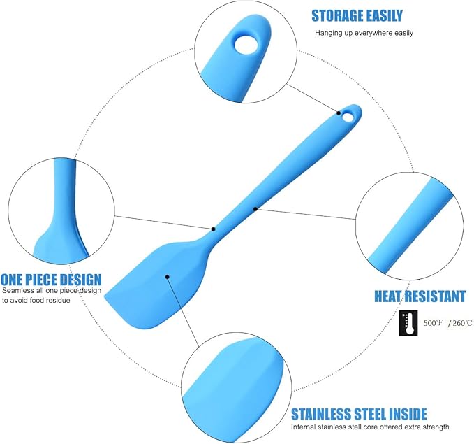 Silicone Spatulas Set, Rubber Spoon Spatula Heat Resistant Spoonula One Piece Design Seamless Spatula Non-Stick Scrapers Baking Mixing Tool (Blue Set)