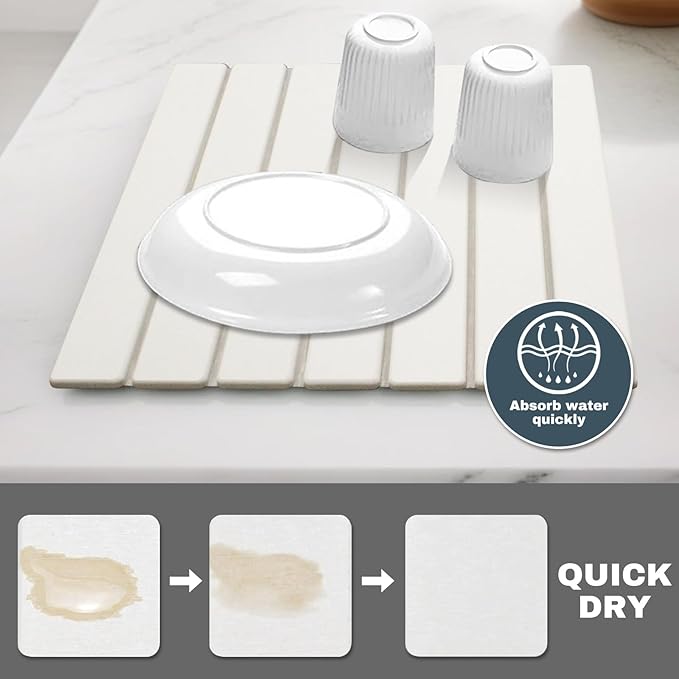 AIFLM Large Stone Dish Drying Mats for Kitchen Counter , Quick Dry Absorbent Collapsible Dish Drying Mat, 24”(L)x16”(W) Diatomaceous Earth Mats for Dishes Bottles Cups,Match Any Countertop