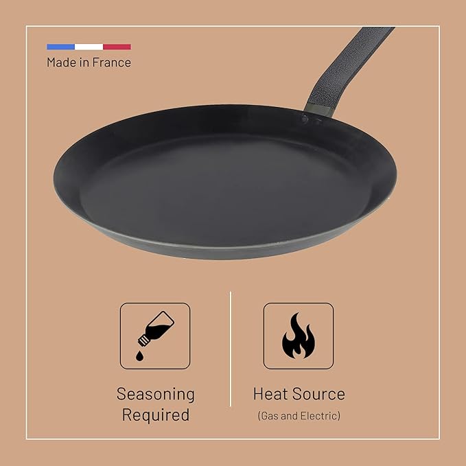 de Buyer Blue Carbon Steel Crepe & Tortilla Pan - 7” Diameter, 5.25” Cooking Surface - Ideal for Making & Reheating Crepes, Tortillas & Pancakes - Naturally Non-Stick Finish - Made in France