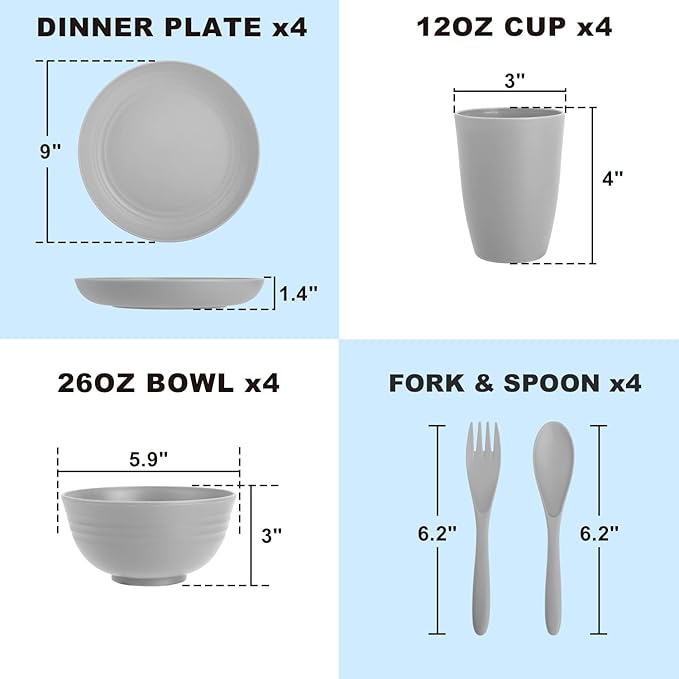 Wheat Straw Dinnerware Sets, 20 PCS Service for 4, Dishwasher & Microwave Safe Kids Plates and Bowls Sets, Unbreakable Lightweight Outdoor Camping Dishes - Gray