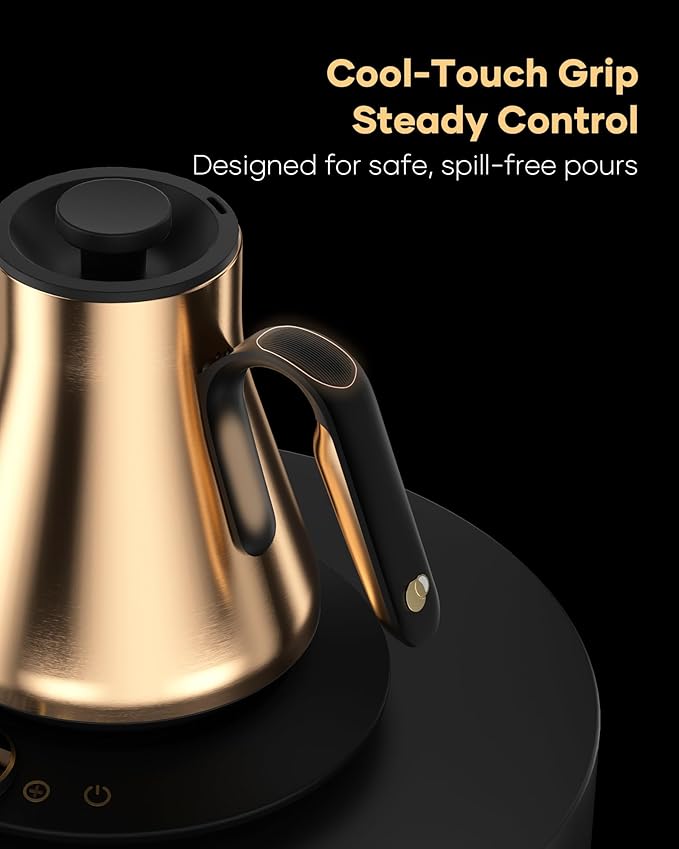 Cocinare Barista Collection Gooseneck Electric Kettle for Pour Over Coffee & Tea, ±1°F Temperature Control, 1500W Fast Heating, Keep Warm, Brew Timer, Stainless Steel Interior, 0.9L (Gustav Gold)