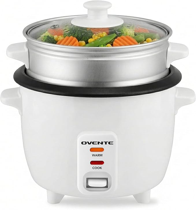 OVENTE Electric Rice Cooker and Food Steamer – 10-Cup Cooked Capacity (5 Cups Uncooked), Nonstick Removable Pot, Keep Warm Function, Steaming Basket, Measuring Cup & Spatula Included, White RCS01W