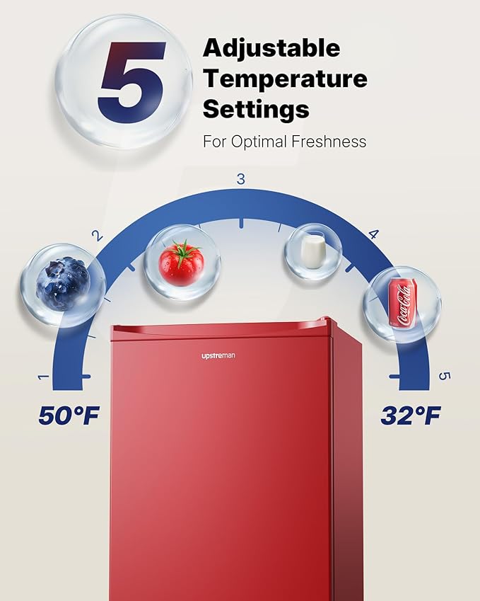 Upstreman 3.2 Cu.Ft Mini Fridge with Freezer, Single Door, Dorm Fridge, Adjustable Thermostat, Refrigerator for Dorm, Office, Bedroom, Red-BR321