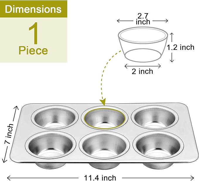 P&P CHEF Muffin Pan Cupcake Baking Pan Set, Stainless Steel Muffin Tin Tray for Mini Cake Tart Quiche, Oven & Dishwasher Safe, Non-toxic & Heavy-duty, (6 Cup, 1Pc)