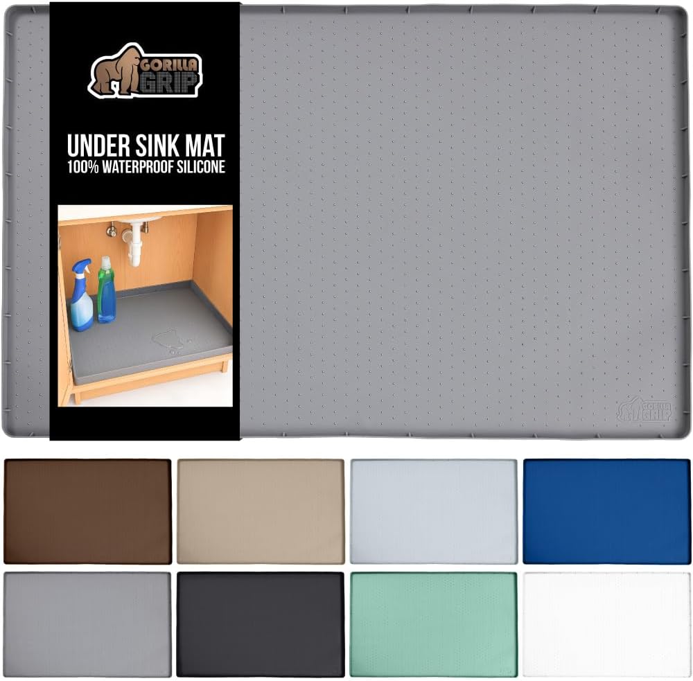 GORILLA GRIP Waterproof Silicone Under Sink Mat with Raised Lip for Kitchen and Bathroom, Cabinet Shelf Liner Stay in Place Mats Dishwasher Safe Drawer Liner, Organizer Tray, 15 x 22 in, Gray