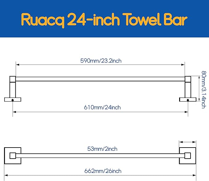 RUACQ Black Towel Bar 24 inch, 304 Stainless Steel Towel Racks for Bathroom Wall Mounted, Heavy Duty Bath Towel Rod with Square Base(Matte Black)
