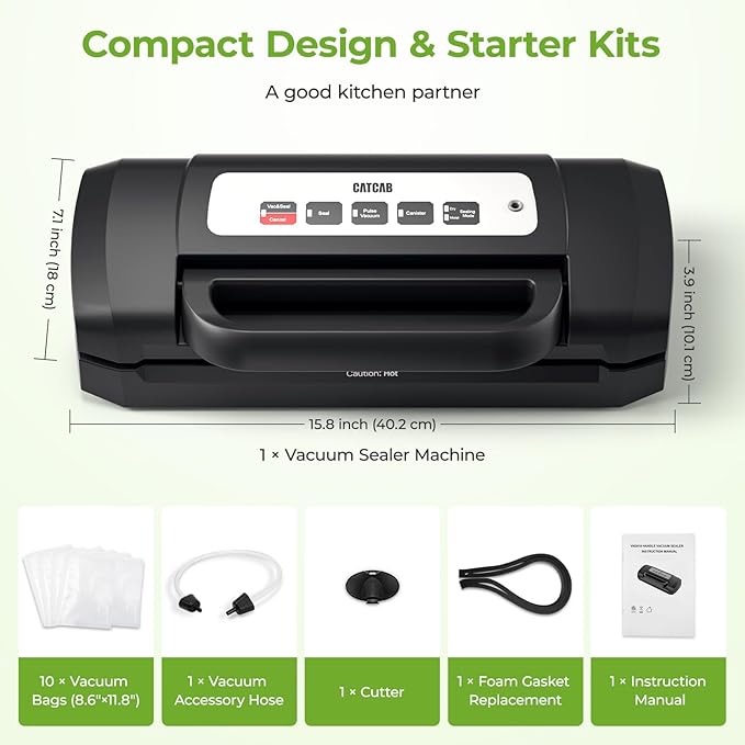 Vacuum Sealer for Food, 90kpa Powerful Food Sealer Vacuum Sealer Machine for Food Saver, 7-in-1 Multiple Modes for Dry/Moist, Easy-Lock Handle, Compact Design with 10 Vacuum Bags, Bag Cutter Included