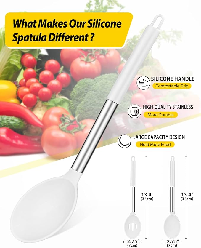 Pack of 2 Large Silicone Cooking Spoons,Non Stick Solid Basting Spoon,Heat-Resistant Kitchen Utensils for Mixing,Serving,Draining,Stirring (WHITE)