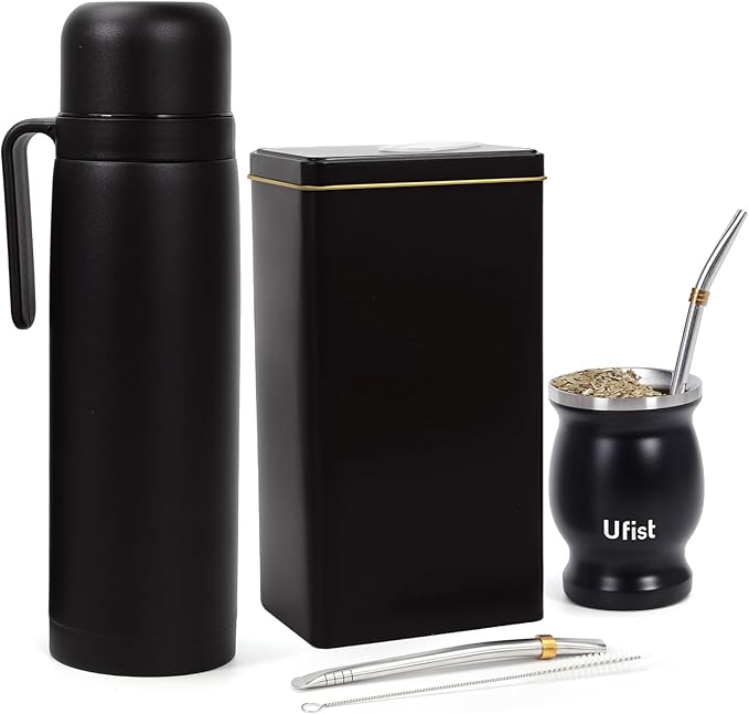 Yerba Mate Set with 34 oz Insulated Bottle, 8.4 oz Gourd Cup, Bombilla Straws, Tea Container, Stainless Steel (Argentina)
