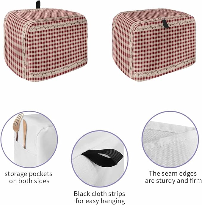 Country Star Berry Red Buffalo Plaid Soft Washable 2 Slice Toaster Dust Cover with Pockets, Dust-proof and Fingerprint Protection