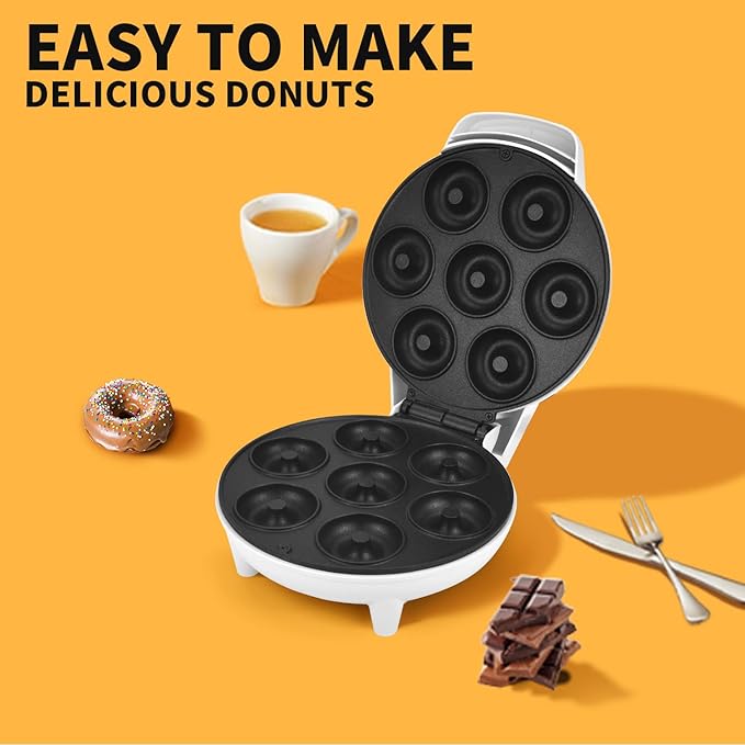 DSP Mini Donut Maker - Non-Stick, Cool Touch Electric Doughnut Machine for Mini Donuts - Perfect for Breakfast, Snacks & Desserts (White, 7 Donuts)