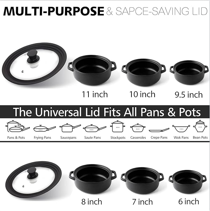 Anaeat Silicone Universal Lid for Pots, Pans and Skillets - Tempered Glass Covered with Heat Resistant Silicone Rim Fits All 6" to 11" Diameter Cookware -Easy to Use Replacement Frying Pan Cover