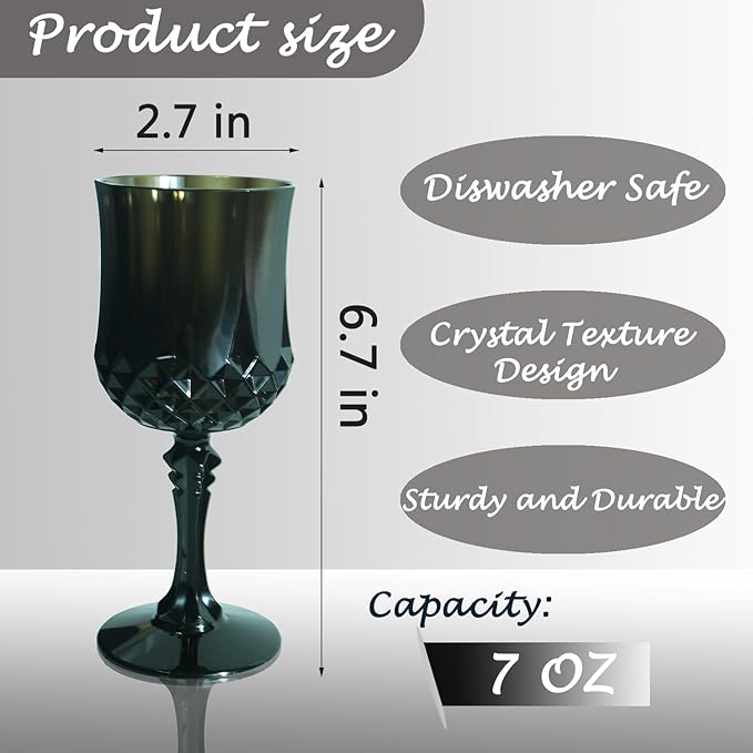 Plastic Wine Glasses, Plastic Goblets Vintage Style Cordial Unbreakable Drinking Glasses, Reusable Drinkware for Wedding Reception, Grand Event Party Supplies (48, Black)