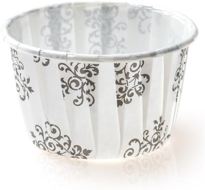Restaurantware Panificio 1 Ounce Baking Cups 200 Pleated Cupcake Liners - Oven-Ready Freezable Black And White Paper Muffin Cases Disposable Vintage Floral For Wedding Parties Baby Showers
