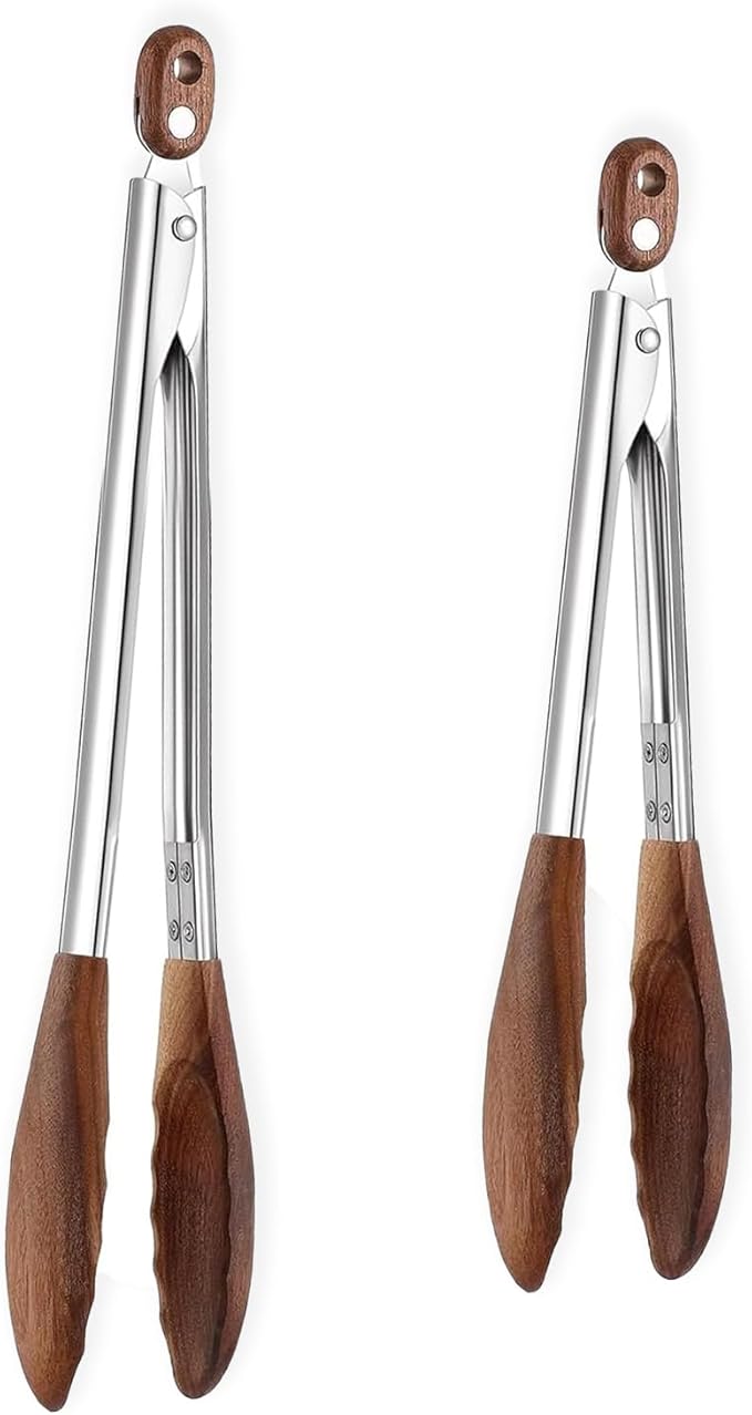 Wooden Tongs for Cooking Heat Resistant 2 Pcs 9 Inch 12 Inch Wooden Salad Tongs with Wood Tip for Serving Food Walnut Wood Kitchen Utensils for Toaster Home Chefs Gift Suitable for Non-stick Cookware