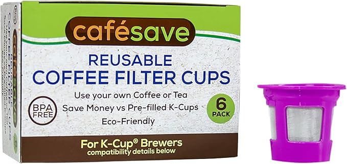 2-Item Bundle: 6-Pack Cafe Save 1-Stream Reusable K Cup Coffee Filters + EZ-Scoop 2 Tbsp Scoop with Integrated Funnel, Refillable Pod Capsule For Use with Keurig & Select Single Cup Coffee Maker