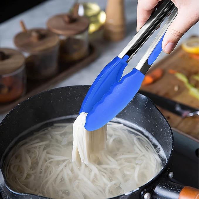 Small Tongs with Silicone Tips 7-Inch Serving Tongs, Set of 3 (Blue)