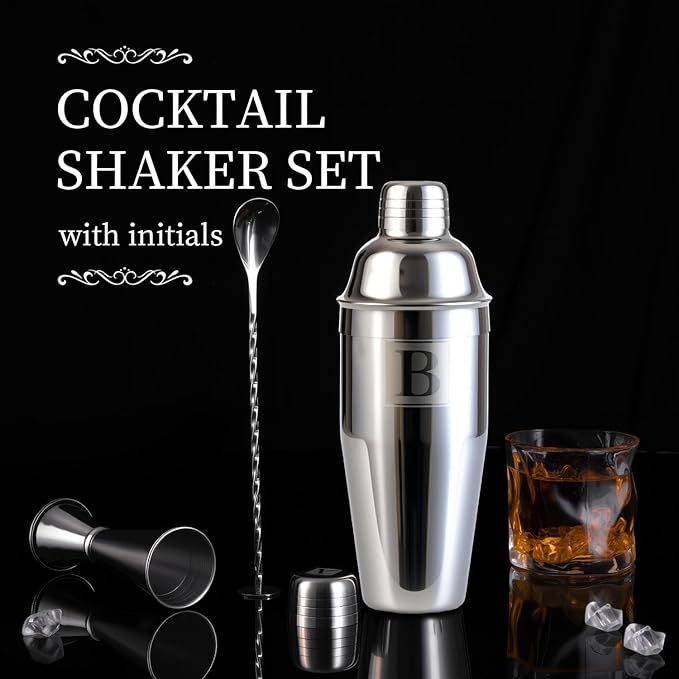 24oz Cocktail Shaker Set with 1 oz 2oz Jigger - Monogramm Initials Martini Shaker Set - 304 Stainless Steel Bar Shaker for Margarita,Mojito-Personalized Gift for Friend,Husband-P