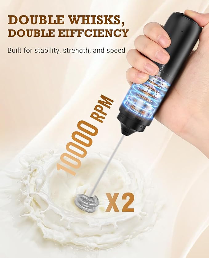 SIMPLETASTE Milk Frother Handheld Electric Foam Maker, Drink Mixer with Stainless Steel Whisk for Cappuccino, Bulletproof Coffee, Latte, Black, without Stand, USB-C Rechargeable