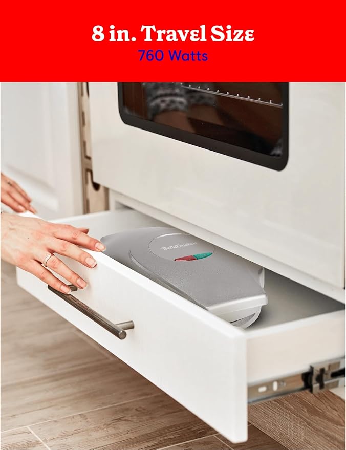 Betty Crocker 8" Travel Pizza Maker Plus, Indoor Electric Grill With Insulated Travel Bag, Nonstick Pan for Pizzas, Quesadillas, Nachos and more, Personal Pizza Machine for Delicious Meals, Silver
