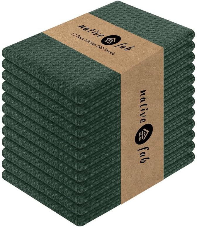 Native Fab Waffle 12 Pack 100% Cotton Easter Kitchen Dish Towels 16x26 Absorbent Durable Washable Tea Towels with Hanging Loop, Olive Green