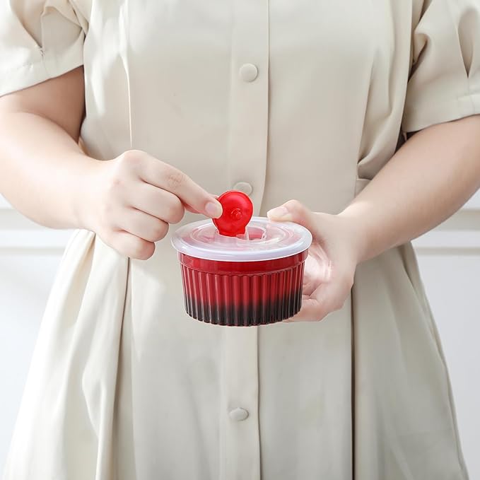 vancasso 8 oz Ramekins with Lid, Porcelain Creme Brulee Souffle Dishes, Red Pudding Custard Cups Ramiken for Baking, Dishwasher and Oven Safe, Set of 6