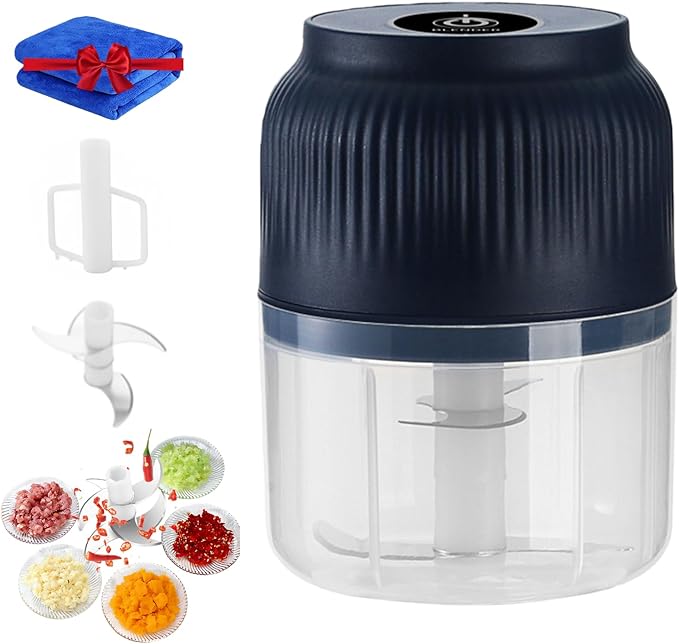 300ML USB Rechargeable Electric Garlic Chopper, Mini Portable Veggie Cutter with Eggbeater&4/6 Knife Heads, Veggie Chopper with Container and Lid, Vegetable Crusher (Blue A)