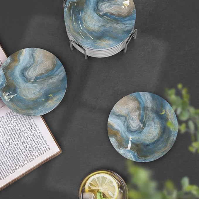 UMIRRO Coasters for Drinks Absorbent with Holder | Cool Table Mats in Ocean Blue for Cups, Glasses, Desk, Office and Home | Cute Ceramic Stoneware Coaster Set