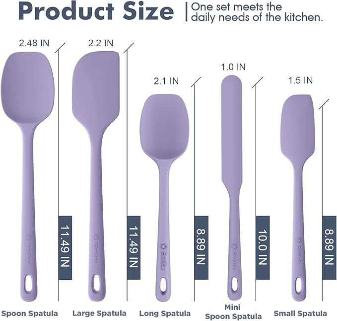 5 Pieces Silicone Spatula Set, Food Grade Rubber Spatula, Upgrade Strong Handle with Ergonomic Grip, Heat Resistant Up to 600°F for Nonstick Cookware, Cooking Purple