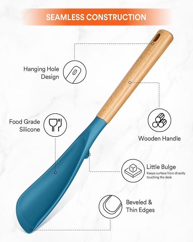 Multifunction Spatula Spoon for Nonstick Cookwares, Great for Cooking and Serving, Sturdy BPA-Free Matte Silicone, Wood Handle Spatula for Mixing, Scoop, and Scrape, Turquoise(2 pack,11.4" & 13.4")