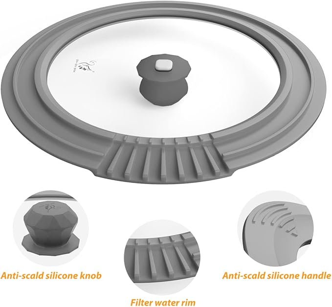 Tempered Strainer Lid for Stockpot, Pasta, Soup Pots with Heat Resistant Silicone Rim - Universal Pan Lids with Pour Spout - Microwave Safe - Fit 6.5-9.5 inch - Light Grey