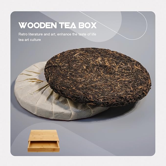 Partykindom Wooden Tea Cake Storage Box with Drawer 9.84X9.44X1.81In Tea Storage Organizer for Pu Er Cake Breathable and Practical Box for Home Use