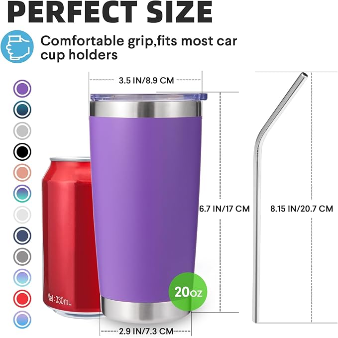 Volhoply 20oz Stainless Steel Tumbler with Lid and Straw Bulk 8 Pack,Double Wall Insulated Travel Iced Coffee Mug Fits Cup Holder,Powder Coated Cups for Hot/Cold Drinks,Gifts for Women（Purple,8 Set）