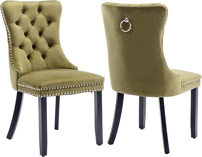 Velvet Dining Chairs Set of 2, Upholstered Dining Room Chairs with Back Ring Pull Trim and Solid Wood Legs,Tufted Wingback Kitchen Chairs for Dining Room,Living Room,Kitchen(Olive Green)