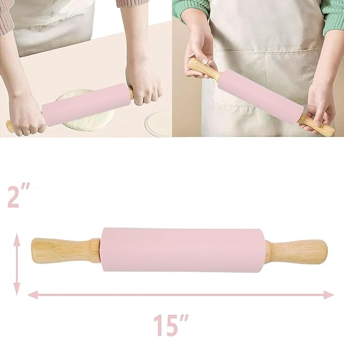 Silicone Rolling Pin for Baking,15inch Pastry Dough Roller with Wooden Handle Non Stick Surface Rolling Pin for Dough Fondant Cookie Pastry Tapered Dumpling Baking Supplies (pink)