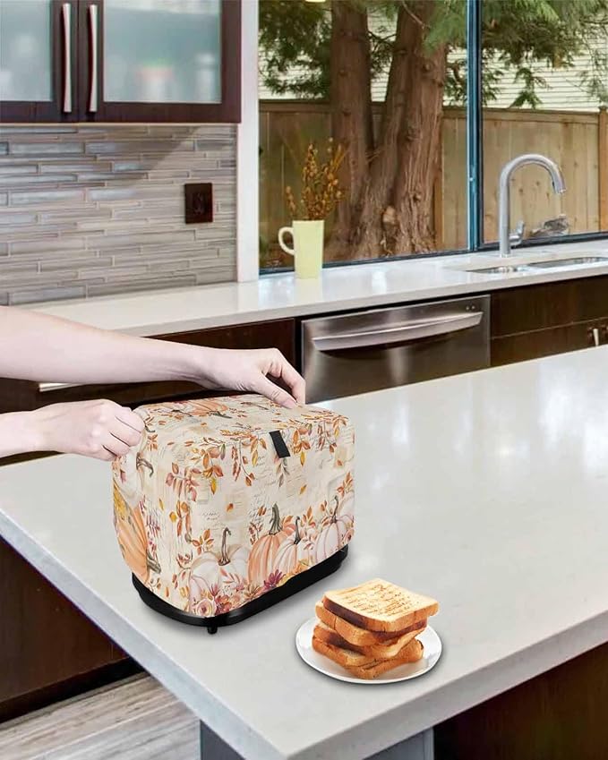 Pink Orange Pumpkins Fall Toaster Cover 2 Slice, Thanksgiving Leaves Dustproof Bakeware Oven Protector with Top Hook, Autumn Floral Waterproof Small Kitchen Appliance Toasters Dust Cover, 12"x7.5"x8"