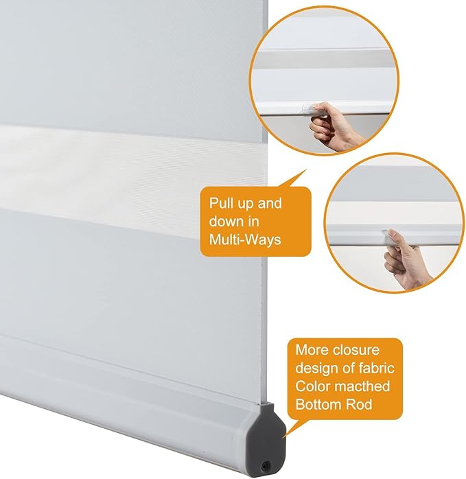 Persilux Zebra Blinds for Windows Cordless Blinds & Shades (28" W x 72" H, White) Free-Stop Roller Window Shades, Light Filtering Roller Shades for Windows, Light Control for Day and Night