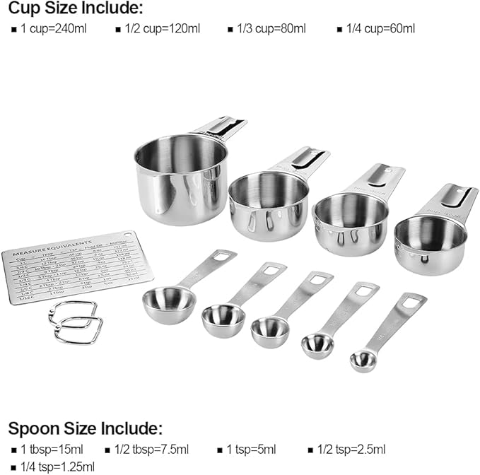 Measuring Cups and Spoons Set Heavy Duty 304 Metal Stainless Steel Measuring Cup Spoon Kitchen Gadgets for Cooking Baking (Set of 12)