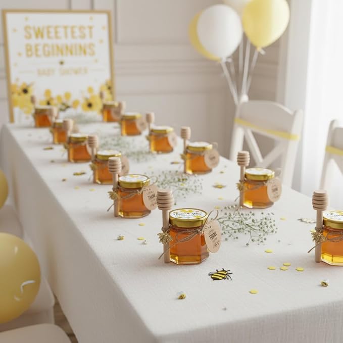 Adabocute 20 Pack Mini Honey Jars with Dipper - Mini Honey Jars for Baby Showers & Wedding Gifts - Gold Lids, Bee Pendants, Jutes and Gift Bags