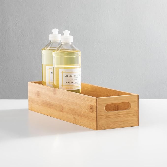 mDesign Set of 2 Kitchen Storage Box – Open-Top Bamboo Storage Tray with Handles – Ideal for Use as a Cupboard Organiser or on The Shelf – Natural