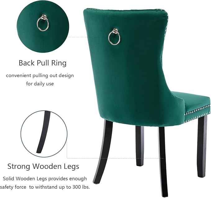 Green Velvet Dining Chairs Set of 4, Upholstered Dining Room Chairs with Back Ring Pull Trim and Solid Wood Legs, Tufted Wingback Kitchen Chairs for Dining Room,Living Room,Kitchen(Green)