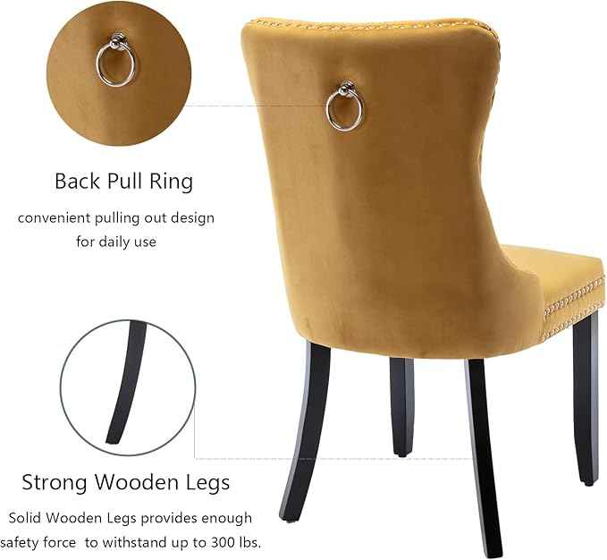 Velvet Dining Chairs Set of 6, Upholstered Dining Room Chairs with Back Ring Pull Trim and Solid Wood Legs,Tufted Wingback Kitchen Chair Perfect for Dining Room,Living Room,Kitchen(Gold)