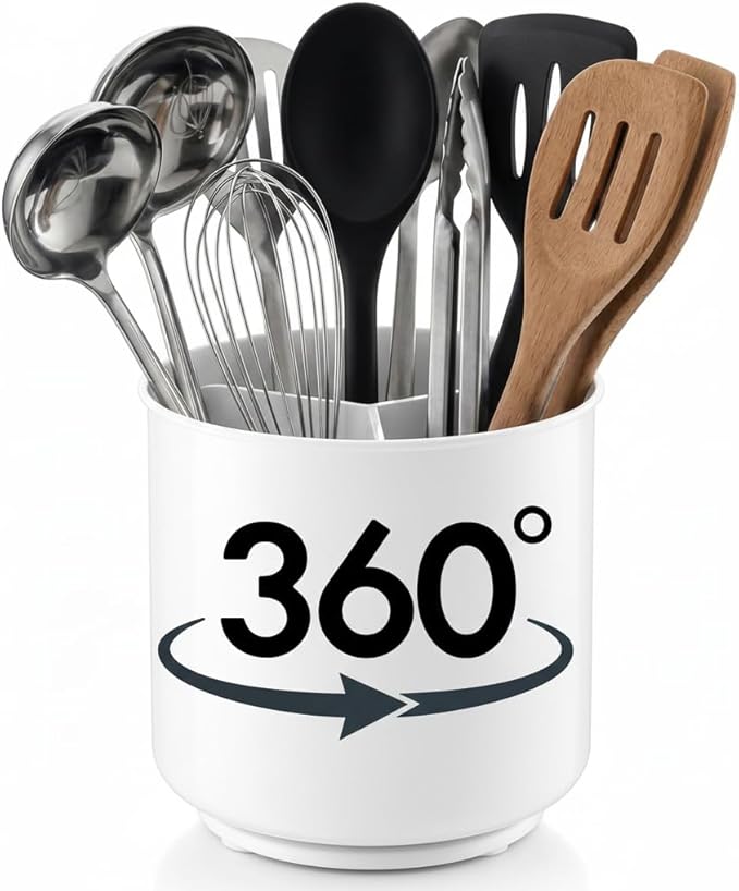 Cooler Kitchen Jumbo XL Rotating White Plastic Utensil Holder Caddy with Sturdy No-Tip Weighted Base, Removable Divider, and Gripped Insert - Dishwasher Safe Kitchen Utensil Holder for Countertop