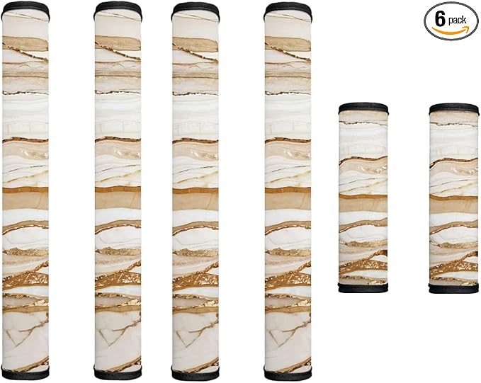 Fridge Door Handle Covers Set of 6 Kitchen Appliance Decor Handles Glove Anti-Slip Protectors Washable Fabric Refrigerator Decor Accessories, Beige Gold Marble