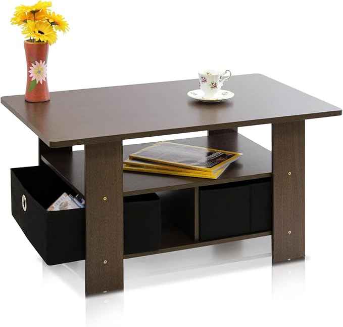 Furinno ANDREY Coffee Table, Small Modern Coffee Table with Storage and Bin Drawer, Side Table for Living Room, Bedroom, Home Office, Dark Brown