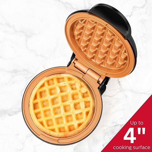 Holstein Housewares 4-inch Personal Waffle Maker, Black and Copper Color - Delicious Waffles in Minutes