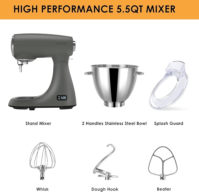 Mixers Kitchen Electric Stand Mixer 5.5QT 600W, Aluminum die casting and Gears, Dual Cooling System, Low Noise, DC Motor, LED Display and Timing Function, Tilt-head Metal Food Mixer, Grey