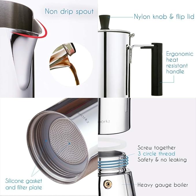 Easyworkz Pedro Stovetop Espresso Maker 6Cup 300ml, Bundled Espresso Steaming Pitcher Stainless Steel 20 oz Coffee Frothing Picther Milk Jug Cappuccino Latte Art Cup, Black