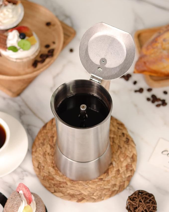 Sivaphe Stainless Steel Stovetop Espresso Coffee Maker, 6cups Espresso pot, 300ml Moka Campaing Coffee Pot, Induction Italian Mocha Pot with Step-by-step Instructions(1 Cup=50ml)