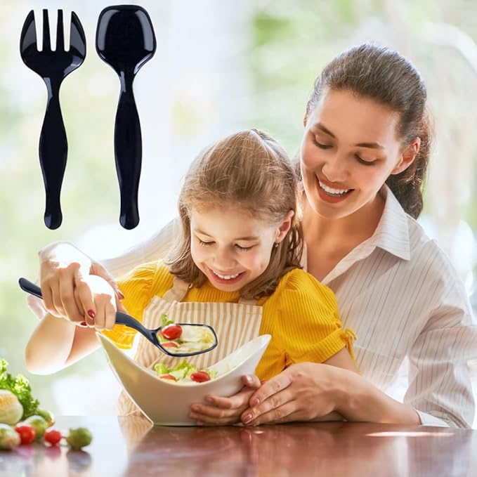 24Pcs Black Plastic Serving Utensils Disposable Serving Spoons Forks Tongs for Party Utensils Supplies for Dinner Parties Buffets Salad Noodles Soup and Weddings (Black)